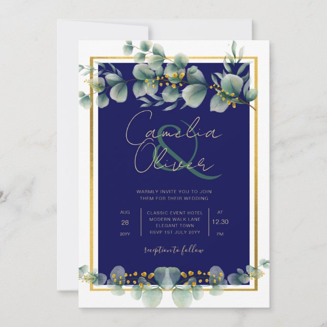 LeahG NAVY BLUE GOLD Greenery Eucalyptus Wedding Invitation (Front)