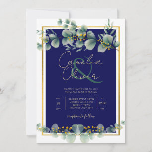LeahG NAVY BLUE GOLD Greenery Eucalyptus Wedding Invitation