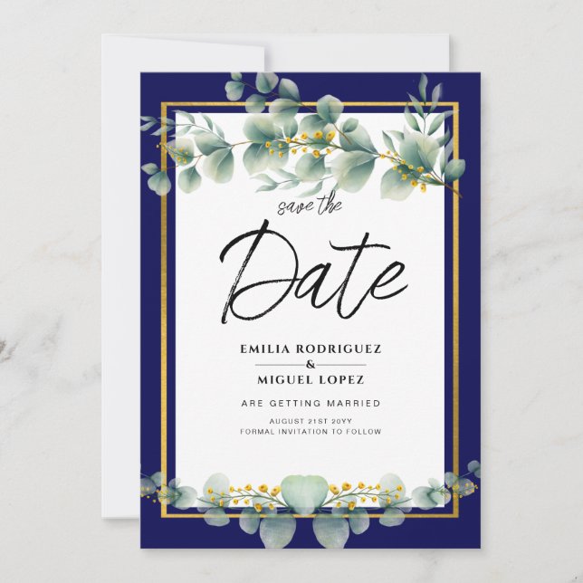 LeahG NAVY BLUE GOLD Greenery Eucalyptus Wedding Invitation (Front)