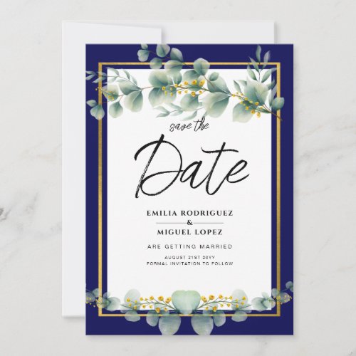 LeahG NAVY BLUE GOLD Greenery Eucalyptus Wedding Invitation