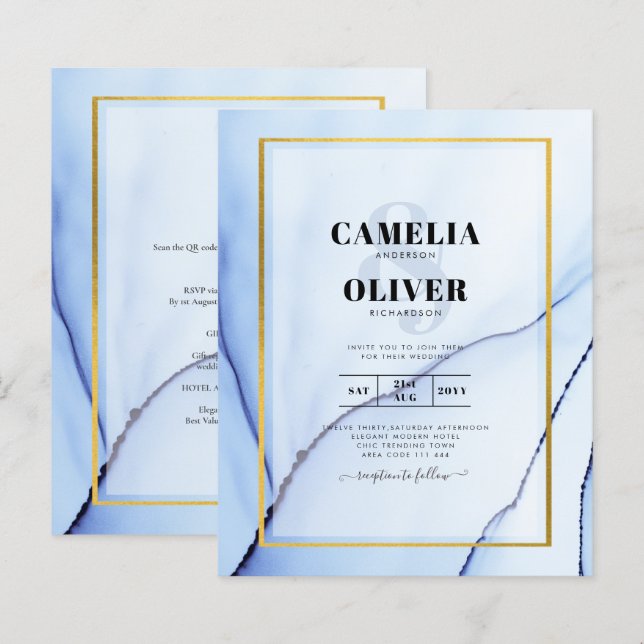 LeahG Navy Blue Gold INK Abstract Wedding INVITE (Front/Back)