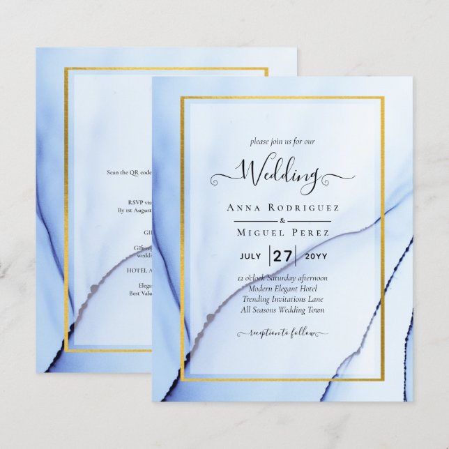 LeahG Navy Blue Gold INK Abstract Wedding INVITE (Front/Back)