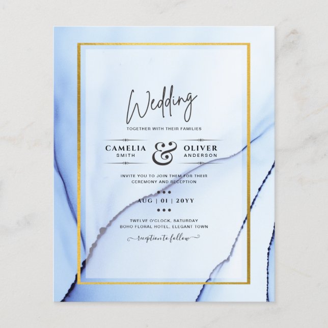 LeahG Navy Blue Gold INK Abstract Wedding INVITE (Front)