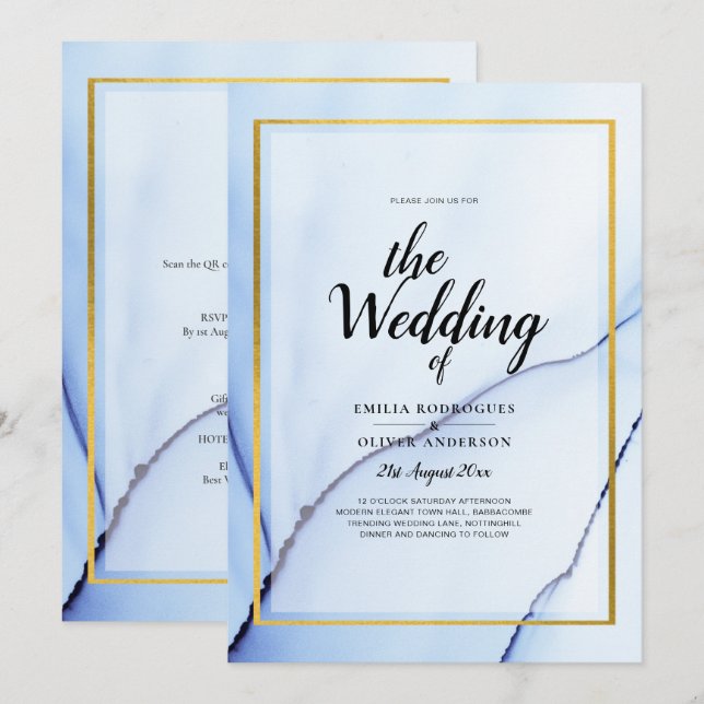 LeahG Navy Blue Gold INK Abstract Wedding INVITE (Front/Back)