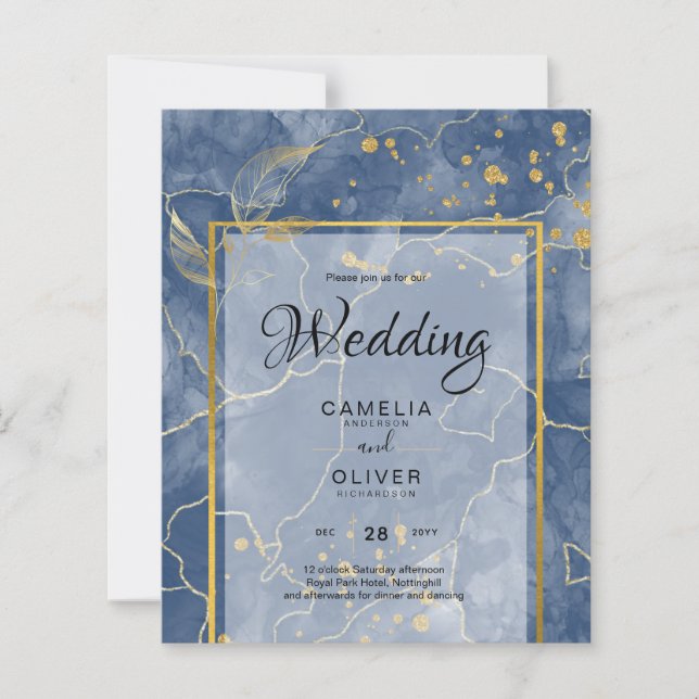 LeahG Navy Blue Gold INK Abstract Wedding INVITE (Front)