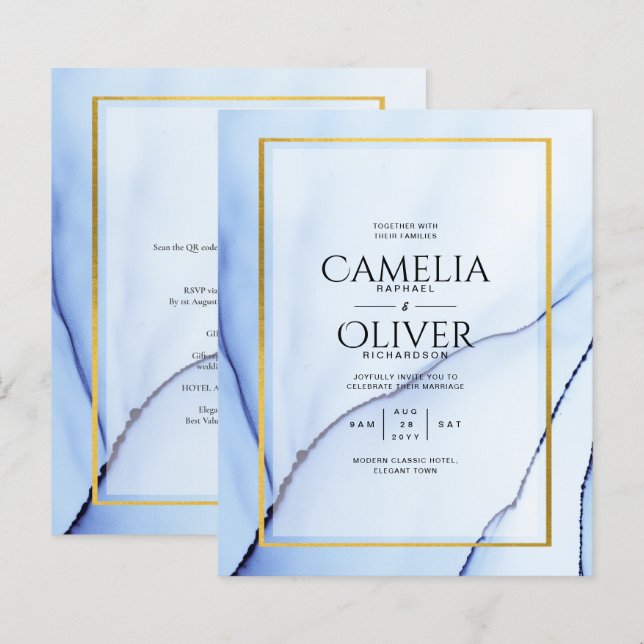 LeahG Navy Blue Gold INK Abstract Wedding INVITE (Front/Back)