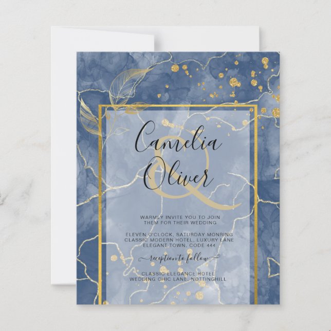 LeahG Navy Blue Gold INK Abstract Wedding INVITE (Front)