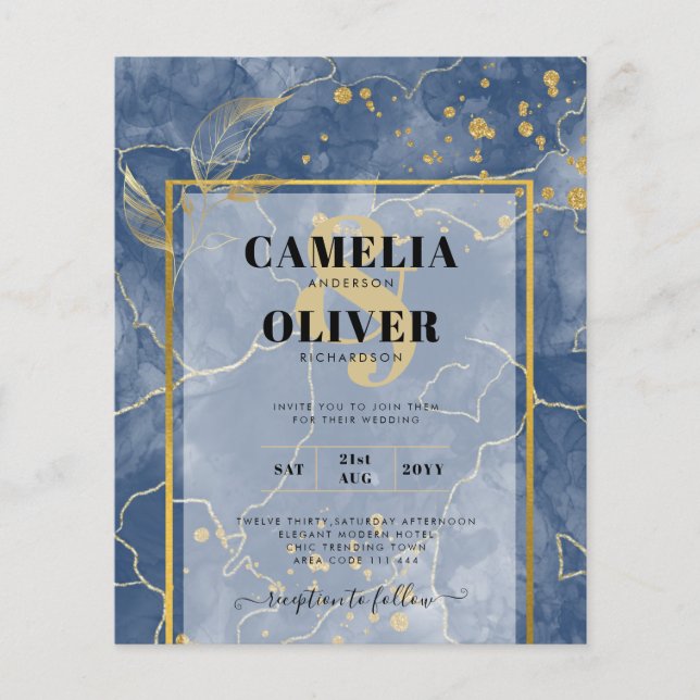LeahG Navy Blue Gold INK Abstract Wedding INVITE Flyer (Front)