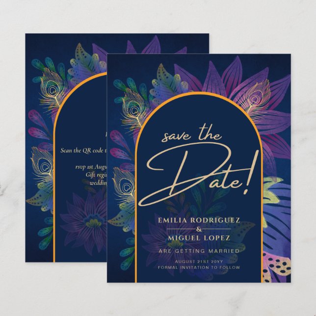 LeahG Navy Purple Gold JEWEL TONES Wedding INVITE (Front/Back)