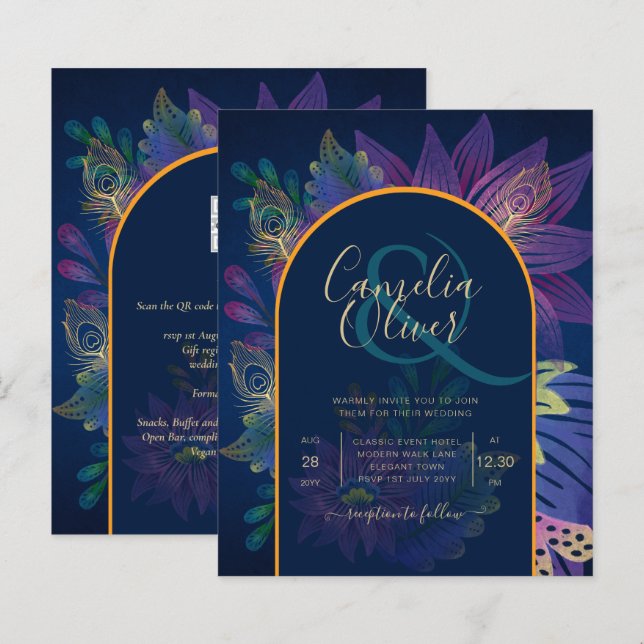LeahG Navy Purple Gold JEWEL TONES Wedding INVITE (Front/Back)