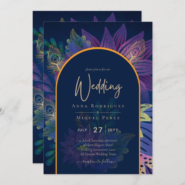 LeahG Navy Purple Gold JEWEL TONES Wedding INVITE (Front/Back)