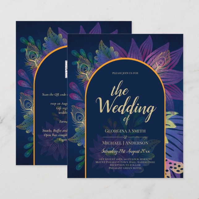 LeahG Navy Purple Gold JEWEL TONES Wedding INVITE (Front/Back)
