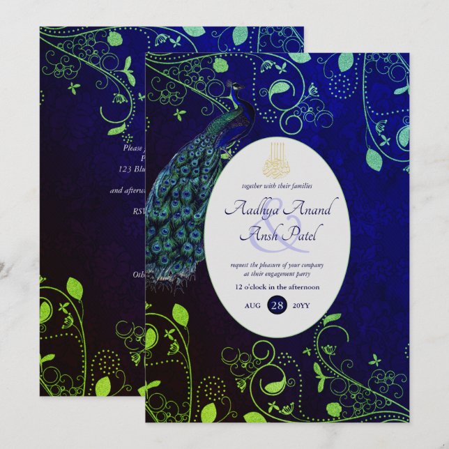 LeahG Peacock Blue Islamic Muslim Wedding Invites  (Front/Back)