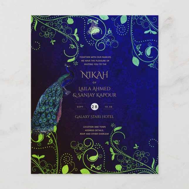 LeahG Peacock Blue Islamic Muslim Wedding Invites Flyer (Front)