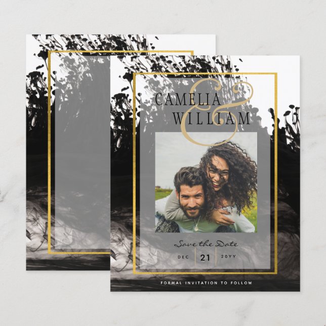 LeahG PHOTO Wedding Black Gold INK Save Date (Front/Back)