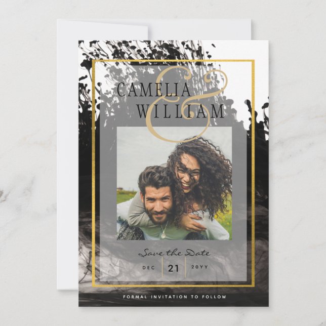 LeahG PHOTO Wedding Black Gold INK Save Date Invitation (Front)