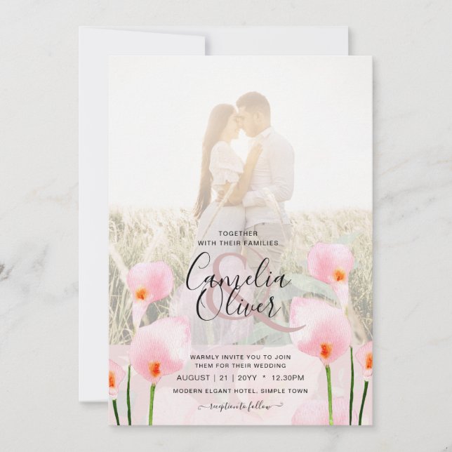 LeahG Pink Calla Lily PHOTO Overlay Wedding Invite (Front)