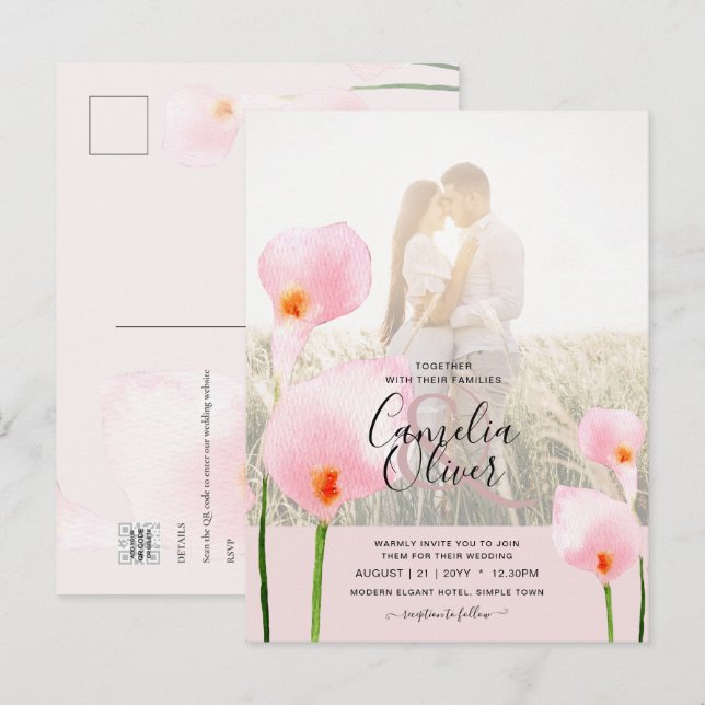 LeahG Pink Calla Lily PHOTO Overlay Wedding Invite (Front/Back)