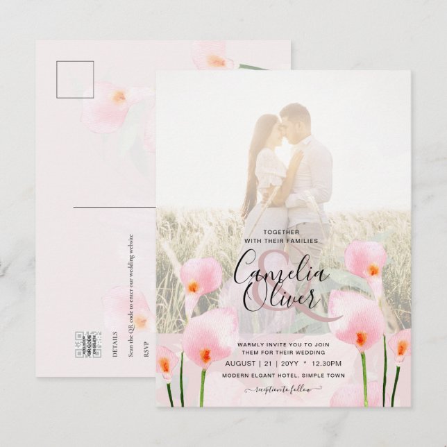 LeahG Pink Calla Lily PHOTO Overlay Wedding Invite (Front/Back)