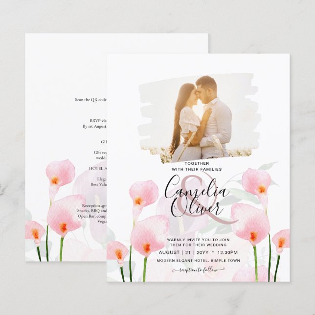 LeahG Pink Calla Lily PHOTO Overlay Wedding Invite (Front/Back)