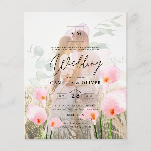 LeahG Pink Calla Lily Photo Overlay Wedding Invite Flyer (Front)