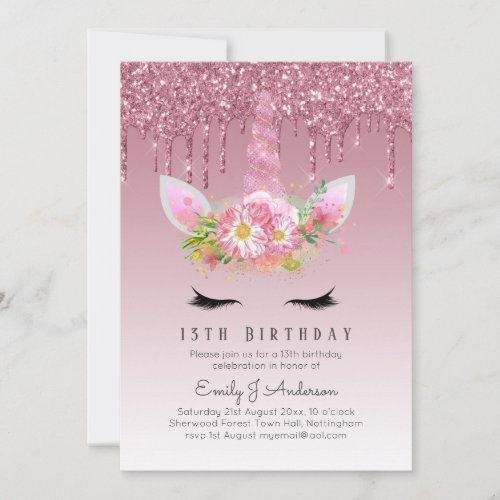 LeahG Pink Glitter Unicorn Girls Birthday Invites