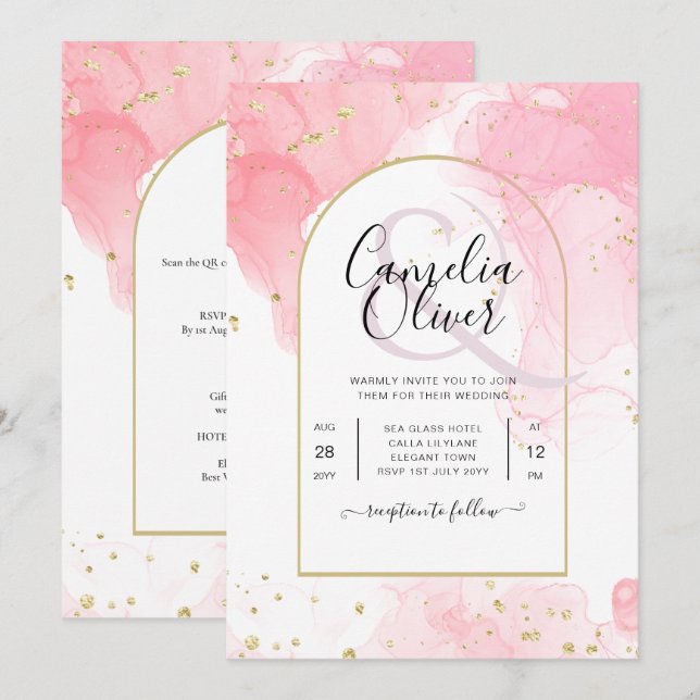 LeahG PINK GOLD INK Abstract Wedding INVITE (Front/Back)
