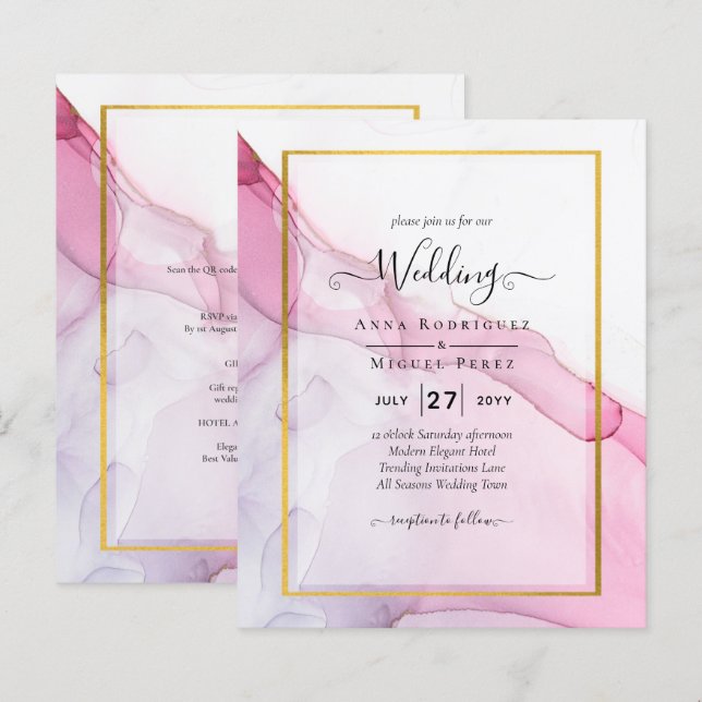 LeahG PINK Purple Ink Abstract Wedding INVITE (Front/Back)