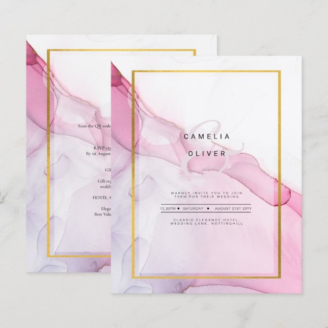 LeahG PINK Purple Ink Abstract Wedding INVITE (Front/Back)