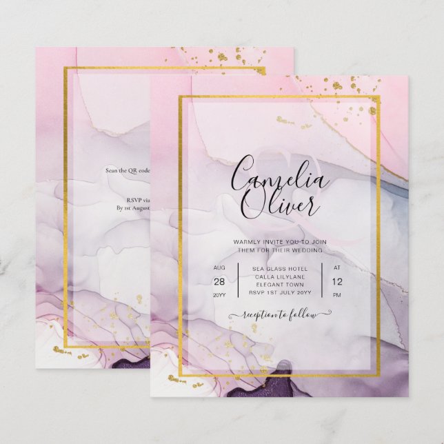 LeahG Pink Purple Lavender Gold INK Wedding INVITE (Front/Back)