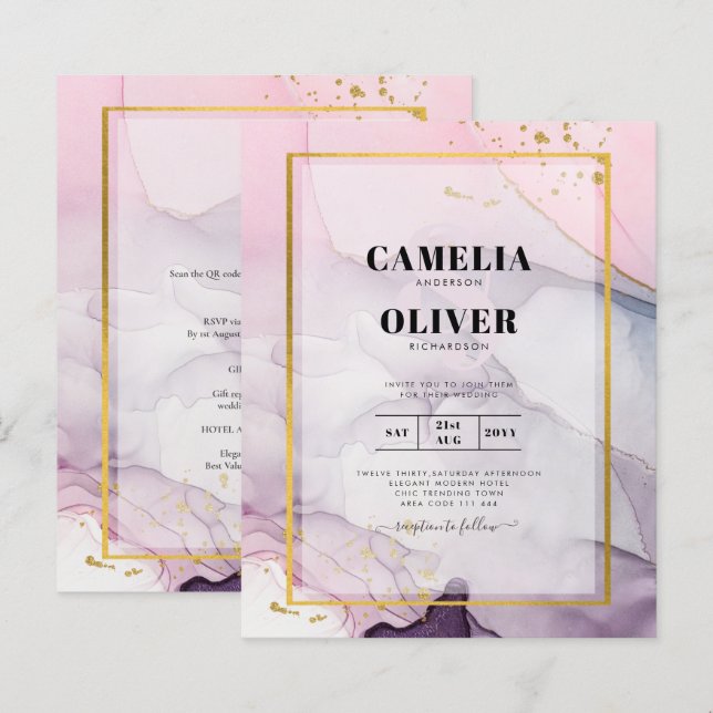 LeahG Pink Purple Lavender Gold INK Wedding INVITE (Front/Back)