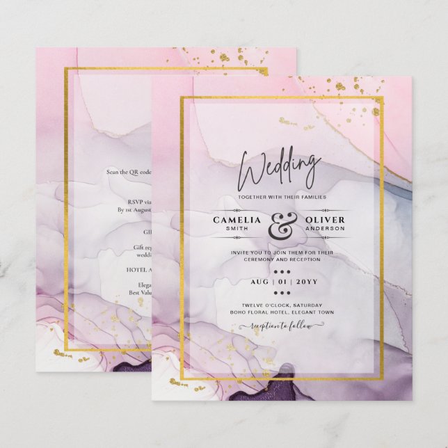 LeahG Pink Purple Lavender Gold INK Wedding INVITE (Front/Back)