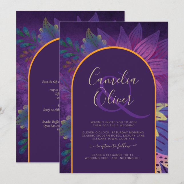 LeahG Plum Purple Gold JEWEL TONES Wedding INVITE (Front/Back)