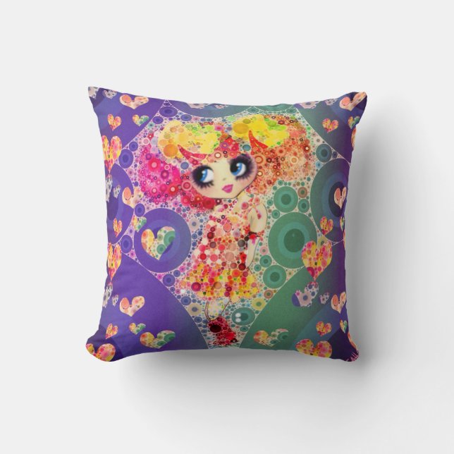 LeahG Pretty Girly Rainbow Kawaii Girl Whimsical Throw Pillow (Front)
