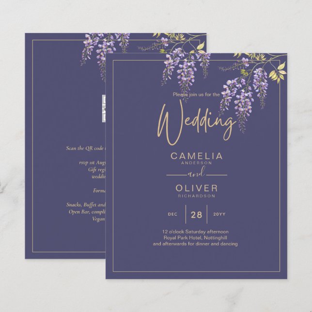 LeahG Purple Gold WISTERIA Floral Wedding INVITE (Front/Back)