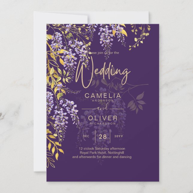 LeahG Purple Gold WISTERIA Floral Wedding INVITE (Front)