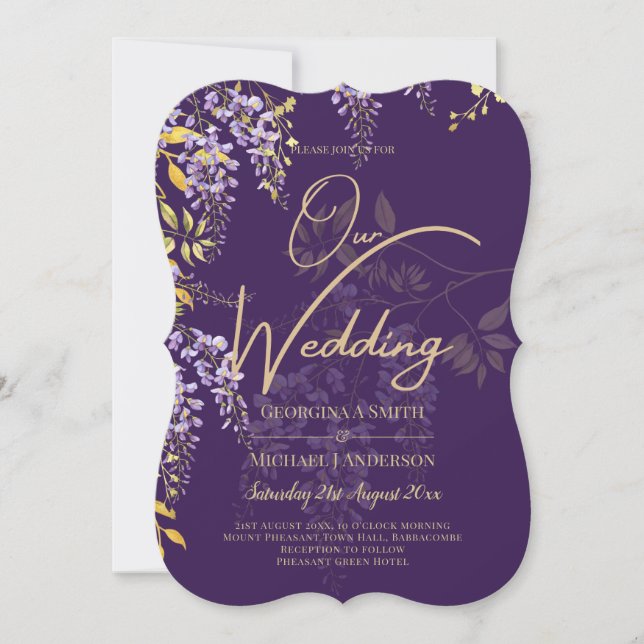 LeahG Purple Gold WISTERIA Floral Wedding INVITE (Front)