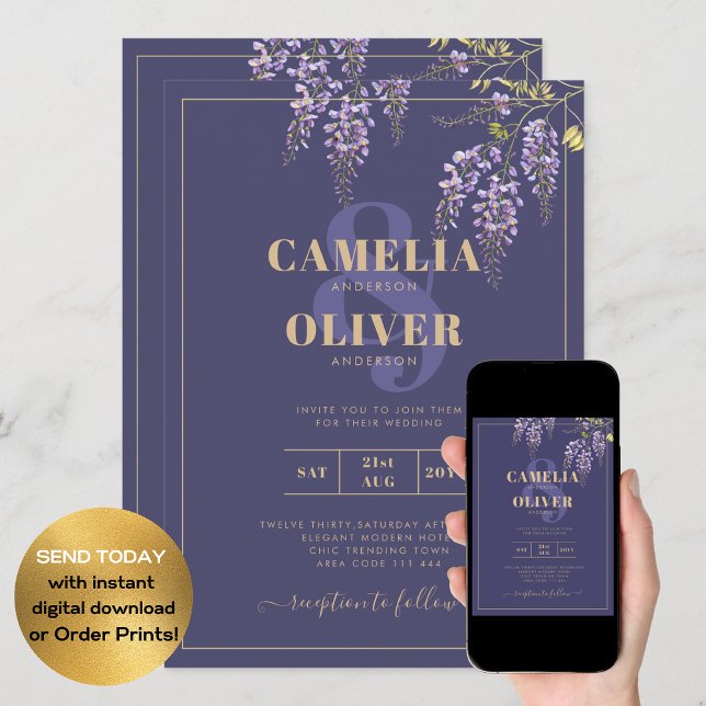 LeahG Purple Gold WISTERIA Floral Wedding INVITE (Creator Uploaded)