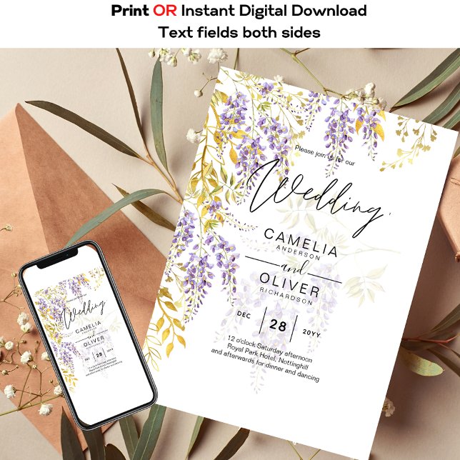 LeahG Purple Gold WISTERIA Floral Wedding INVITE (Creator Uploaded)