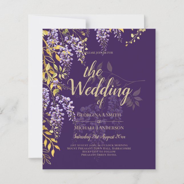 LeahG Purple Gold WISTERIA Floral Wedding INVITE (Front)