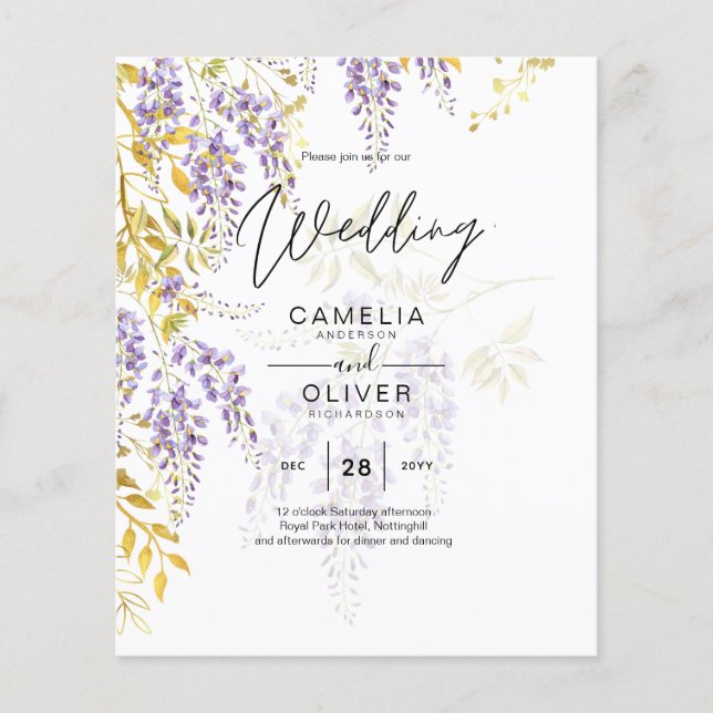 LeahG Purple Gold WISTERIA Floral Wedding INVITE Flyer (Front)