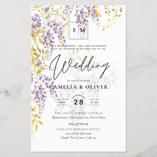 LeahG Purple Gold WISTERIA Floral Wedding INVITE Flyer (Front)