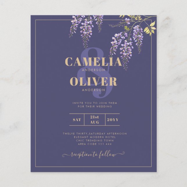 LeahG Purple Gold WISTERIA Floral Wedding INVITE Flyer (Front)