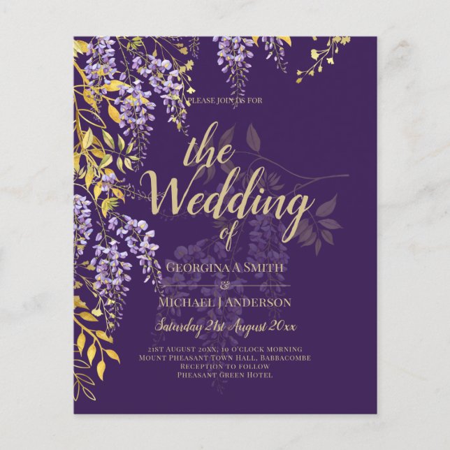 LeahG Purple Gold WISTERIA Floral Wedding INVITE Flyer (Front)