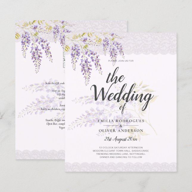 LeahG Purple WISTERIA Lace Floral Wedding INVITE (Front/Back)