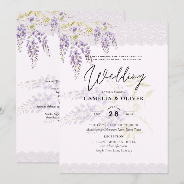 LeahG Purple WISTERIA Lace Floral Wedding INVITE (Front/Back)