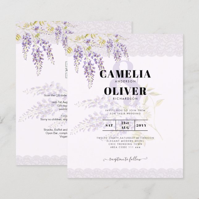 LeahG Purple WISTERIA Lace Floral Wedding INVITE (Front/Back)