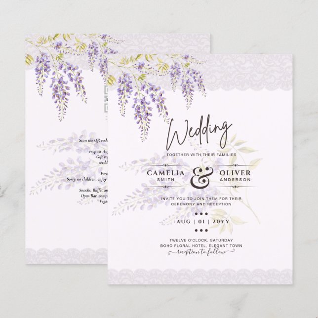 LeahG Purple WISTERIA Lace Floral Wedding INVITE (Front/Back)