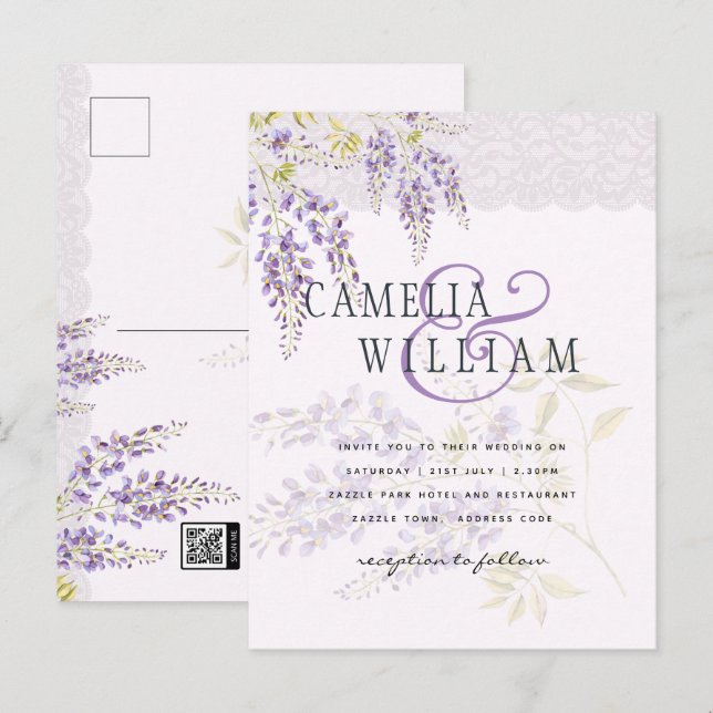 LeahG Purple WISTERIA Lace Floral Wedding INVITE (Front/Back)
