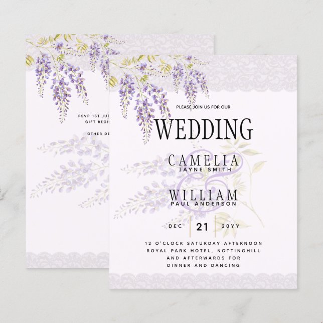 LeahG Purple WISTERIA Lace Floral Wedding INVITE (Front/Back)
